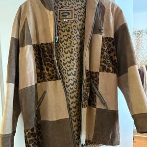 Vintage FoxRun Patchwork Jacket with Suede and Leopard Print Lining and hood